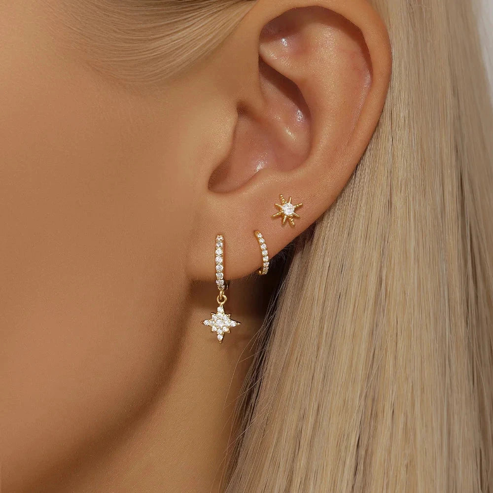 3 Piece Fashion Stainless Steel Round Star Drop Earrings Set for Women 18K Gold Plated Dangle Earring Punk Unisex Rock Jewelry Econic Blanks